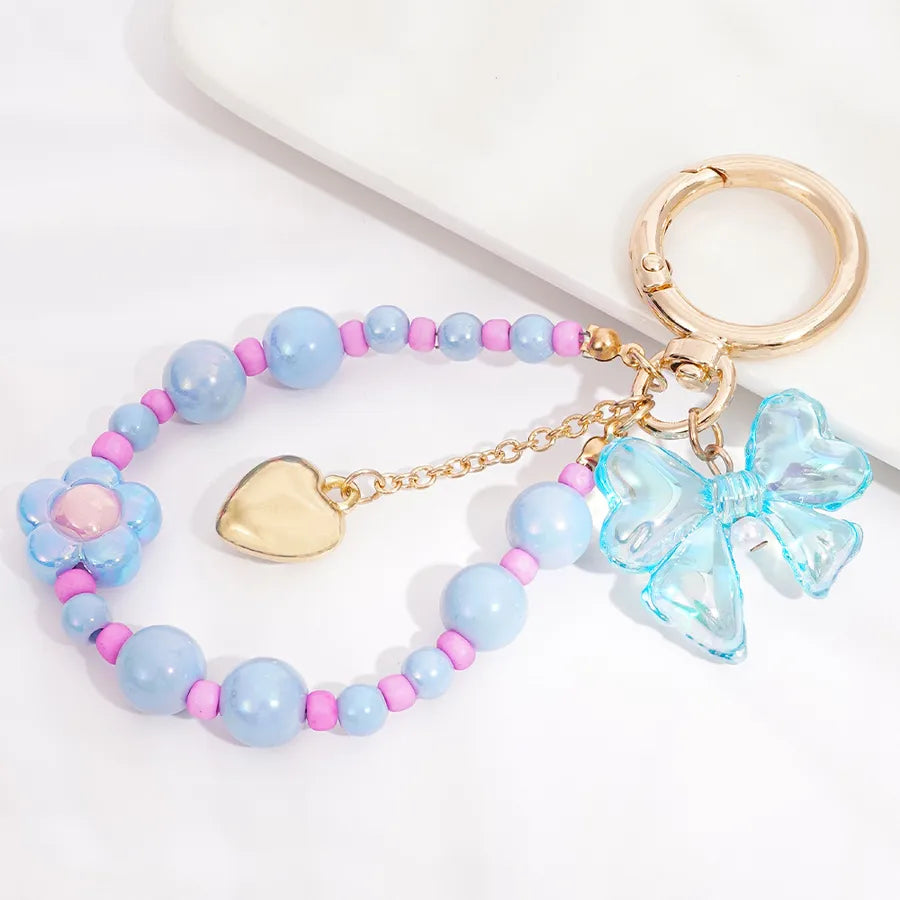 Cute Metal Keychain Pendant Beaded Bookbag Girl's Bag Charm Style Cartoon Design Half Handmade Flower