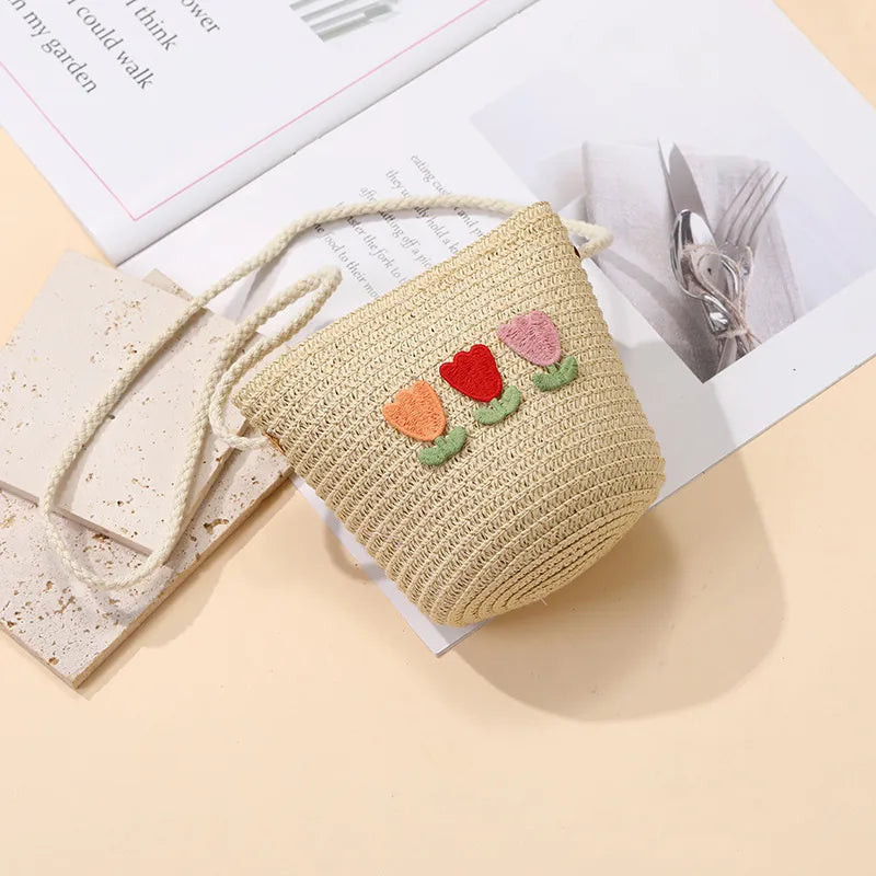 Summer Back Seaside Woven Children's Bag Female All-Match and Cute Little Girl Tulip Straw Bag Vacation Style