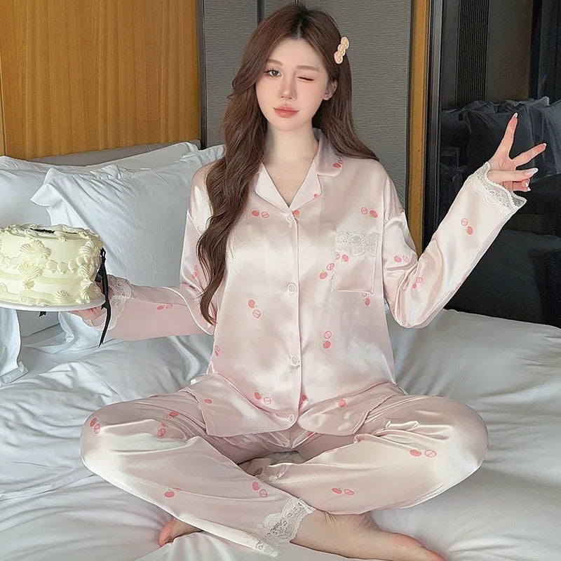 French Anti-Aging Sleepwear Women's Spring Autumn New Simple Polka Dot Long Sleeve Long Pants Ice Silk Home Clothes Fashion Set