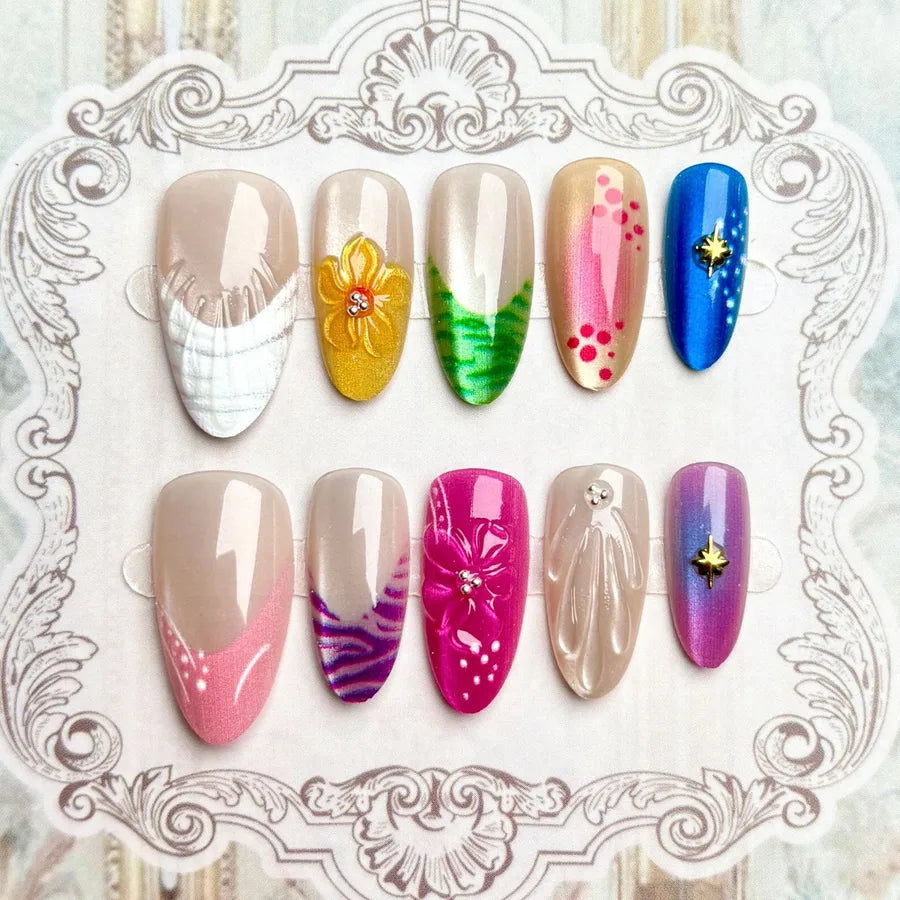 Handmade Almond Nail Press-Ons 3D Floral Shell Design Gradient White Effect European Style Nail Art False Nails Set