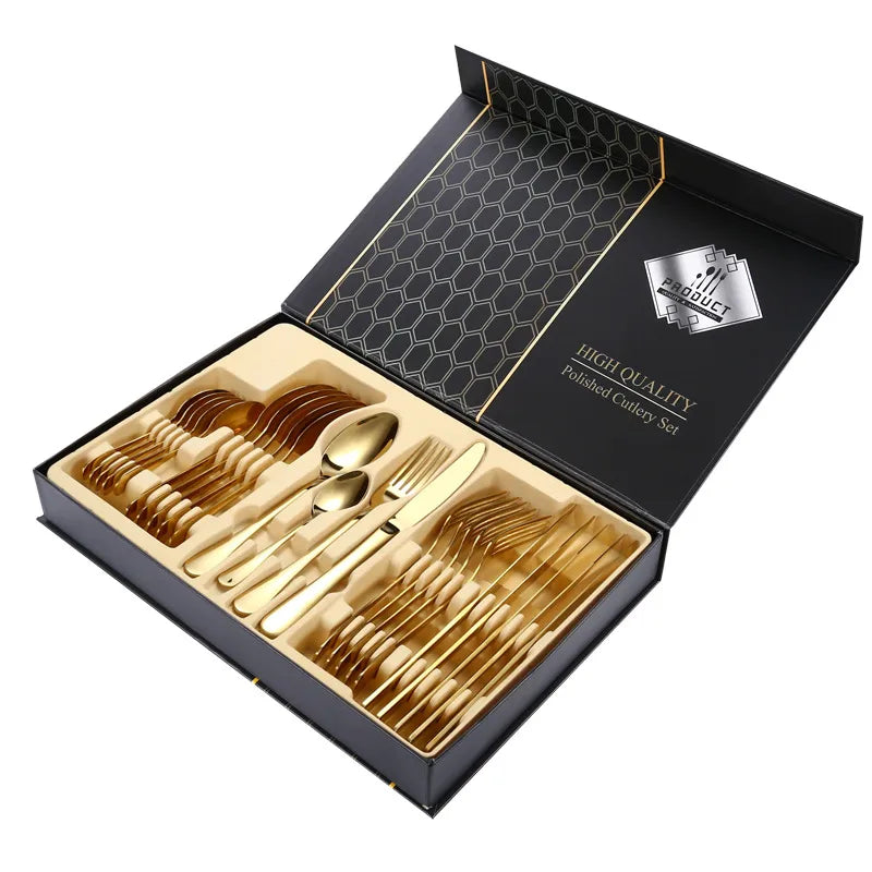1010 stainless steel tableware 24-piece golden steak knife, fork and spoon gift box Western tableware suit