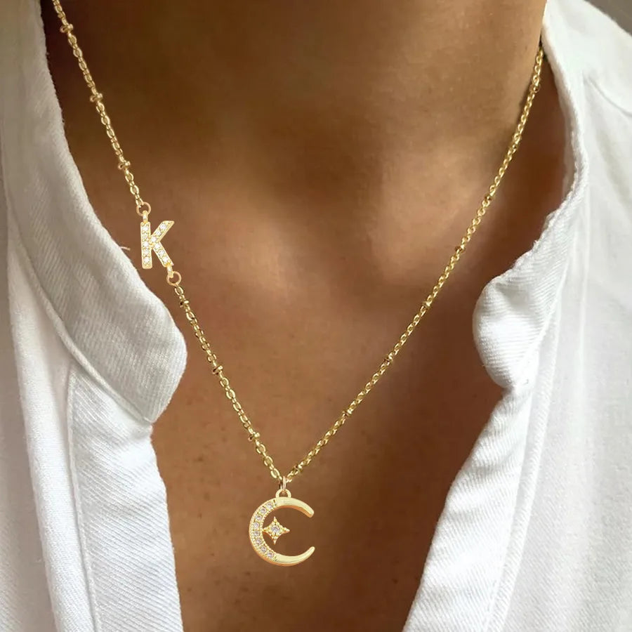 Wholesale Jewelry Elegant Simple Style Classic Style Letter Moon 201 Stainless Steel Copper Cross Bead Necklace Pendant Necklace