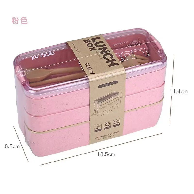 Square three-layer wheat straw fiber plastic lunch box student adult lunch box with tableware can be customized logo