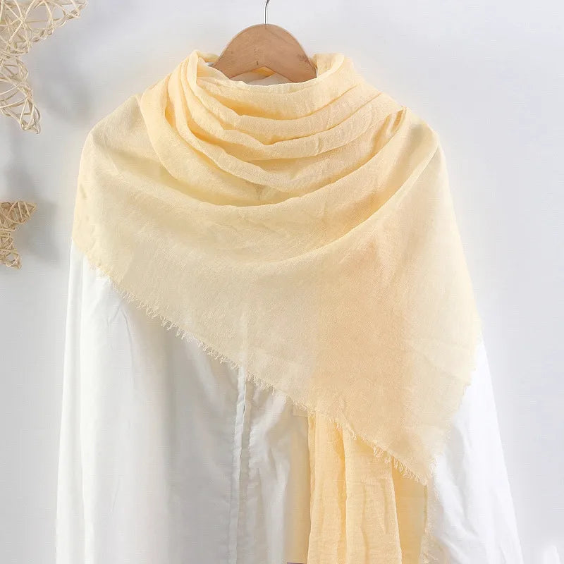 Hot selling solid color pleated cotton and linen scarf women's bag headscarf crumpled hair fringe bubble scarf women's scarf cover head
