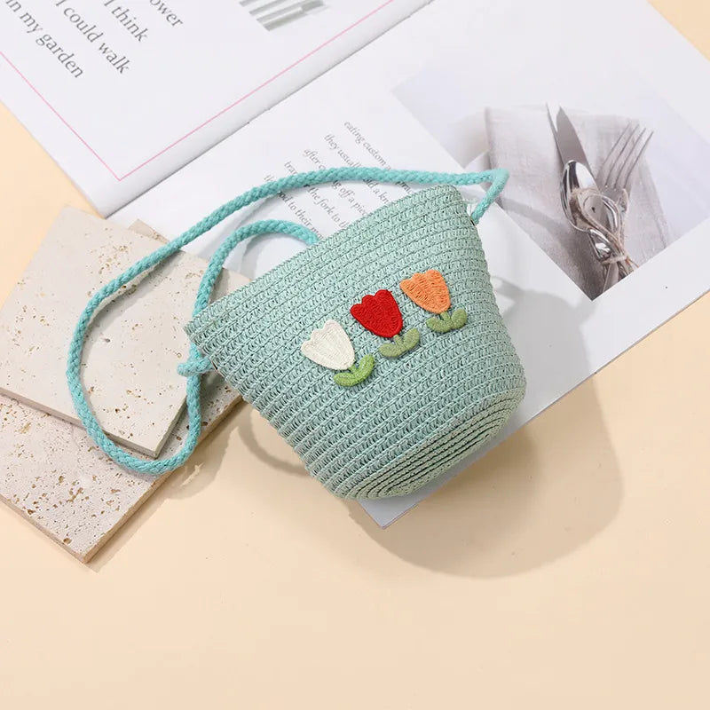 Summer Back Seaside Woven Children's Bag Female All-Match and Cute Little Girl Tulip Straw Bag Vacation Style
