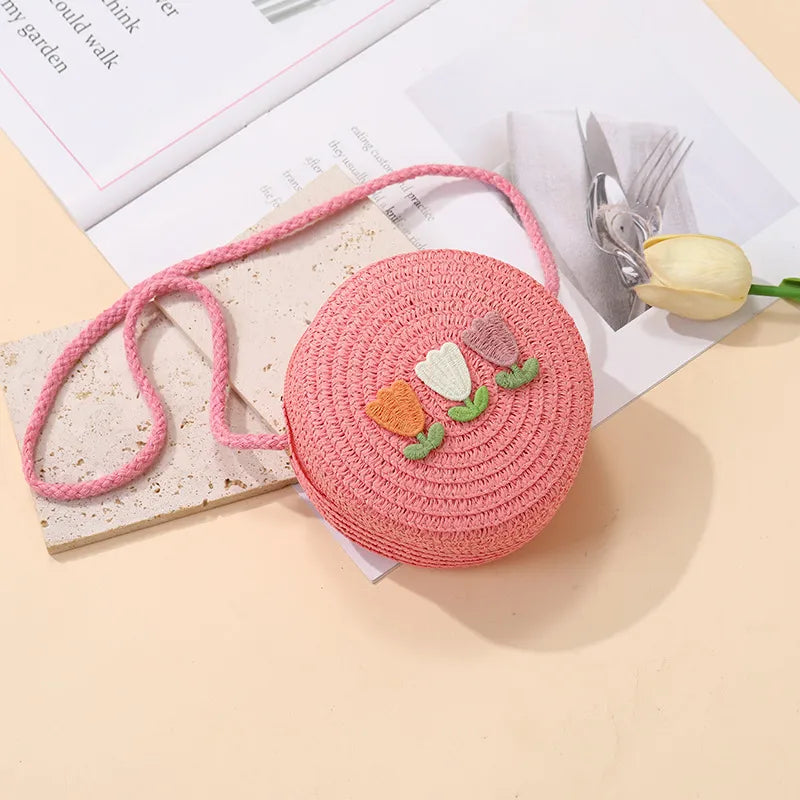 Summer Back Seaside Woven Children's Bag Female All-Match and Cute Little Girl Tulip Straw Bag Vacation Style