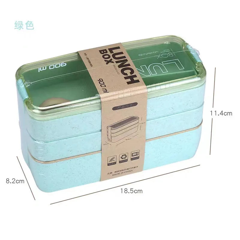 Square three-layer wheat straw fiber plastic lunch box student adult lunch box with tableware can be customized logo