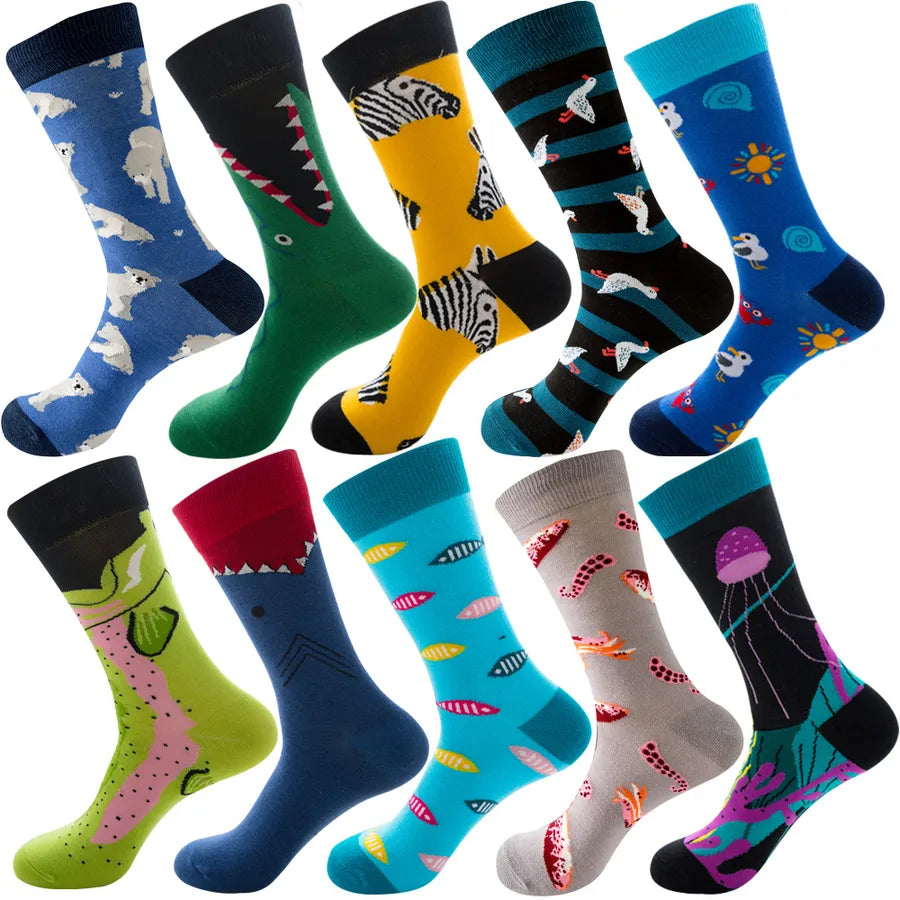 Men's Modern Style Classic Style Color Block Stripe Fruit Cotton Crew Socks A Set of 10 Pairs