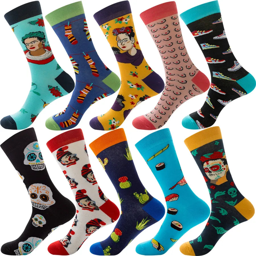 Men's Modern Style Classic Style Color Block Stripe Fruit Cotton Crew Socks A Set of 10 Pairs