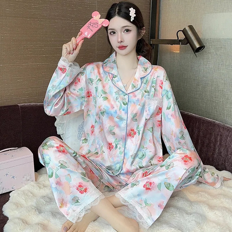 French Anti-Aging Sleepwear Women's Spring Autumn New Simple Polka Dot Long Sleeve Long Pants Ice Silk Home Clothes Fashion Set