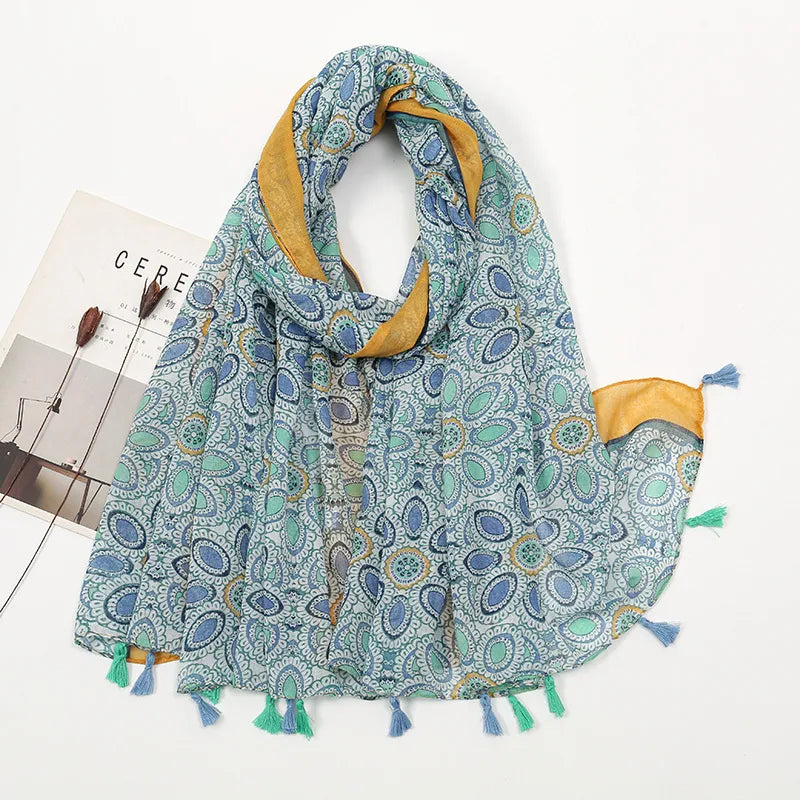 women's sweet flower cotton and linen tassel silk scarves