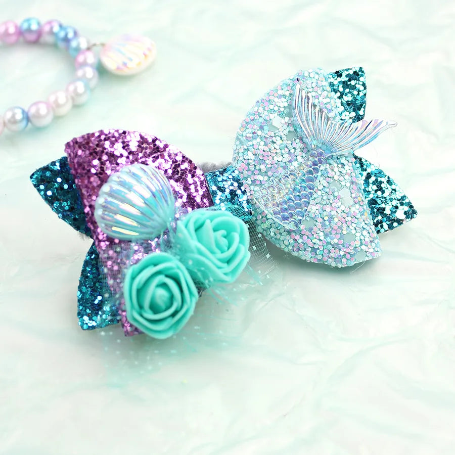 Amazon's Hottest Mermaid Princess Glitter Bow Shell Pearl Children's Girl Cute Hairpin