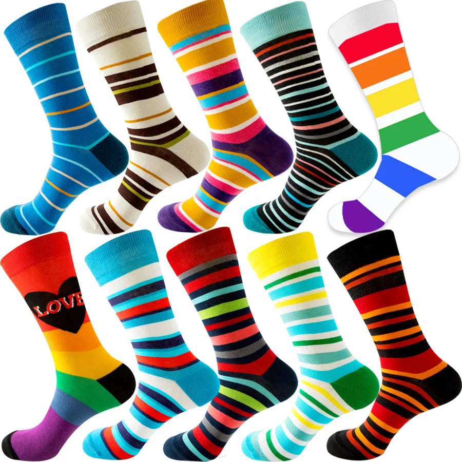 Men's Modern Style Classic Style Color Block Stripe Fruit Cotton Crew Socks A Set of 10 Pairs