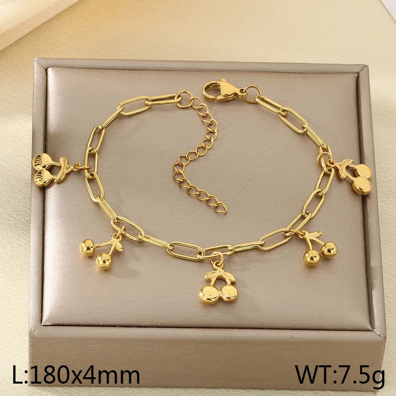 IG Style Vintage Style Cherry Ocean Butterfly 304 Stainless Steel 18K Gold Plated Paperclip Chain Bracelets In Bulk