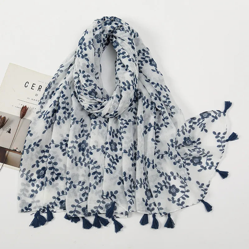 women's sweet flower cotton and linen tassel silk scarves