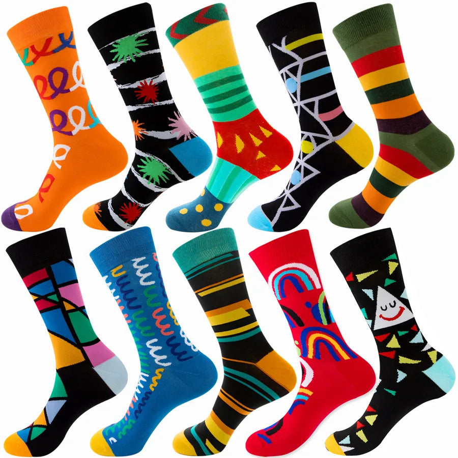 Men's Modern Style Classic Style Color Block Stripe Fruit Cotton Crew Socks A Set of 10 Pairs