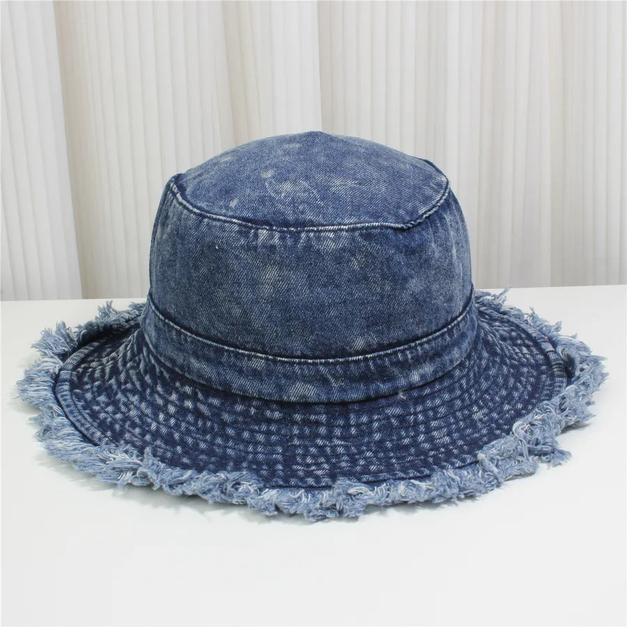 Retro New Style Denim Fishing Cap Women's Harajuku Sun Protection Bucket Hat Cuffed Tear Design Casual Versatile Streetwear