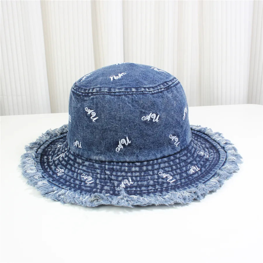 Retro New Style Denim Fishing Cap Women's Harajuku Sun Protection Bucket Hat Cuffed Tear Design Casual Versatile Streetwear