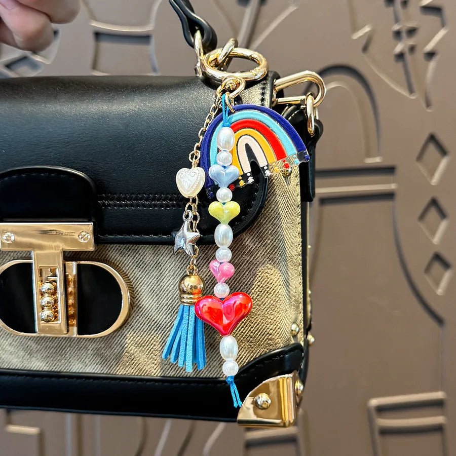 Cute Metal Keychain Pendant Beaded Bookbag Girl's Bag Charm Style Cartoon Design Half Handmade Flower