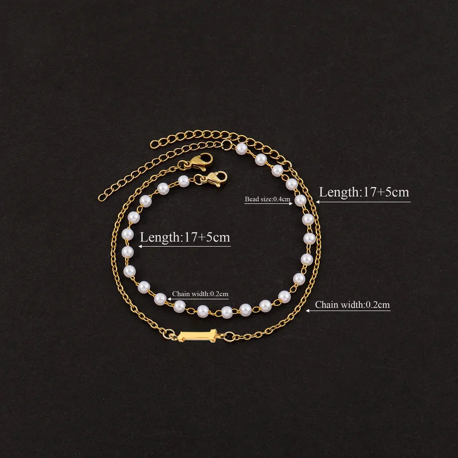 Elegant Simple Style Classic Style Letter 201 Stainless Steel 304 Stainless Steel Imitation Pearl Beaded Chain cable chain Beaded Bracelets Wholesale