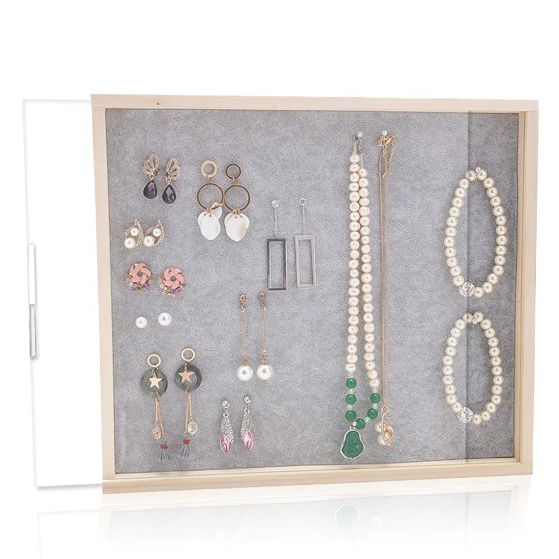Solid wood dustproof jewelry box wall-mounted household earrings earrings display rack ring storage tray necklace earrings box