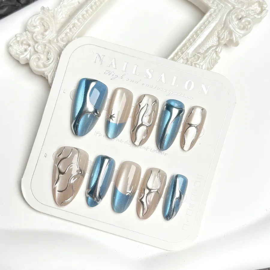 Handmade Almond Nail Press-Ons 3D Floral Shell Design Gradient White Effect European Style Nail Art False Nails Set