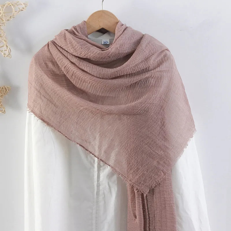 Hot selling solid color pleated cotton and linen scarf women's bag headscarf crumpled hair fringe bubble scarf women's scarf cover head