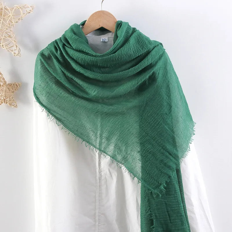 Hot selling solid color pleated cotton and linen scarf women's bag headscarf crumpled hair fringe bubble scarf women's scarf cover head