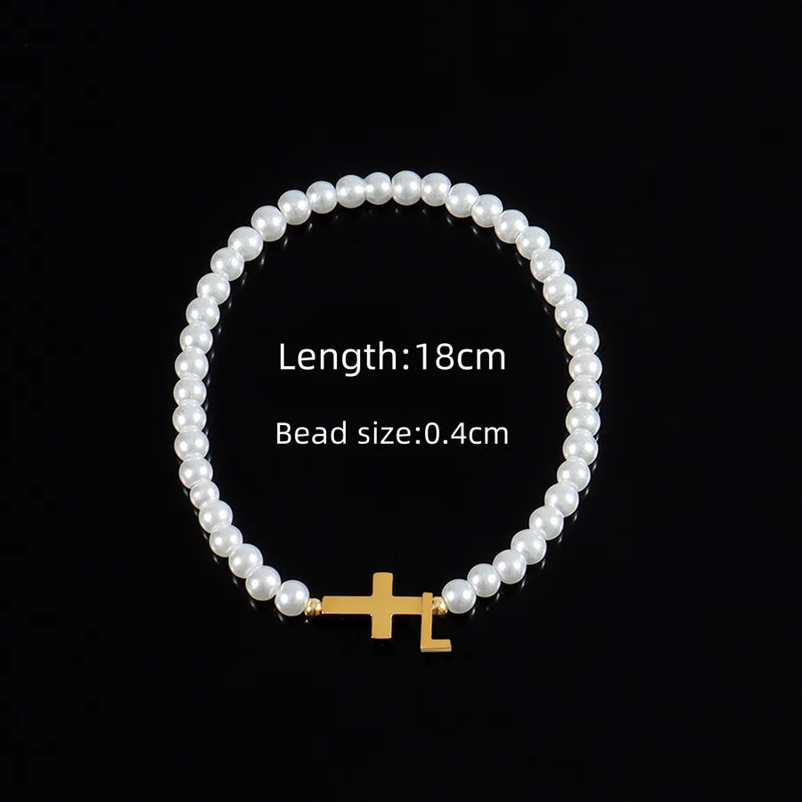 Classic Style Cross Letter 304 Stainless Steel Artificial Pearl Beaded Chain Beaded Bracelets Wholesale
