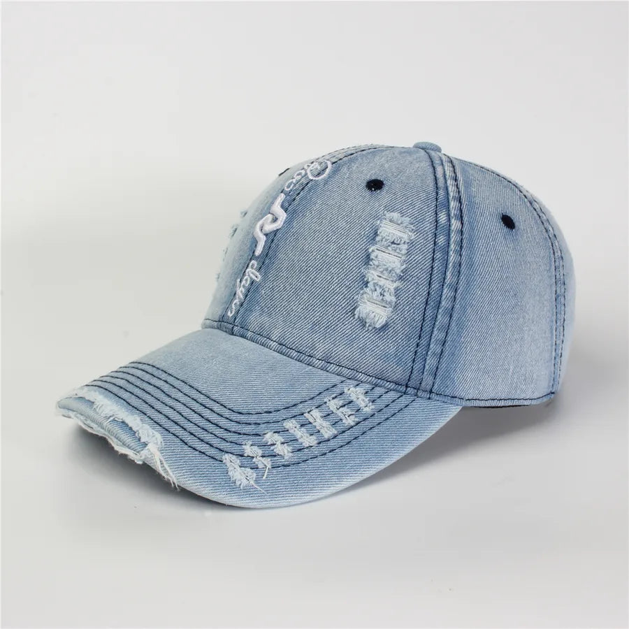 Retro New Style Denim Fishing Cap Women's Harajuku Sun Protection Bucket Hat Cuffed Tear Design Casual Versatile Streetwear