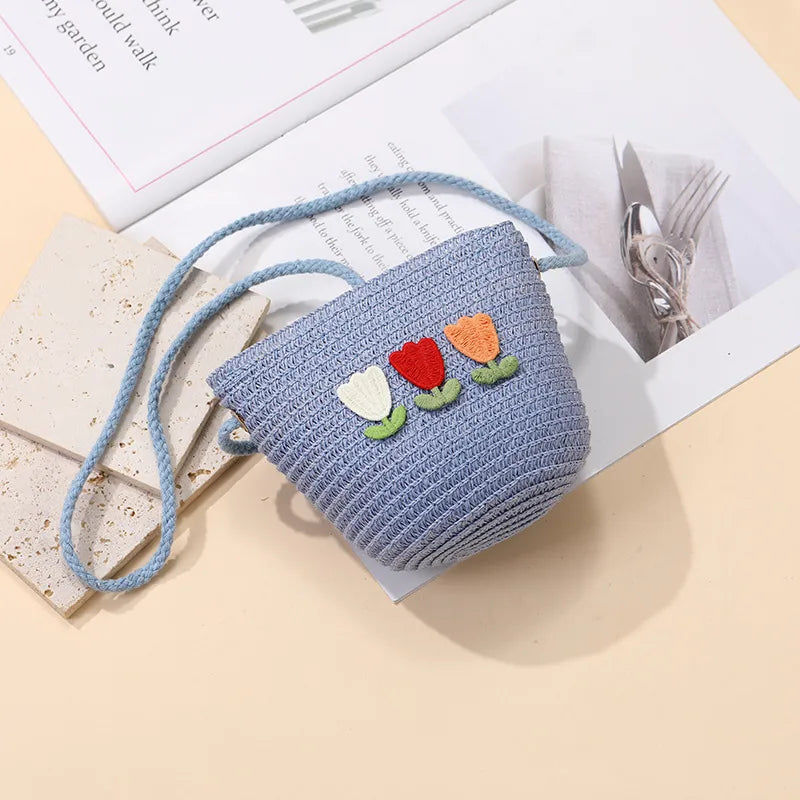 Summer Back Seaside Woven Children's Bag Female All-Match and Cute Little Girl Tulip Straw Bag Vacation Style