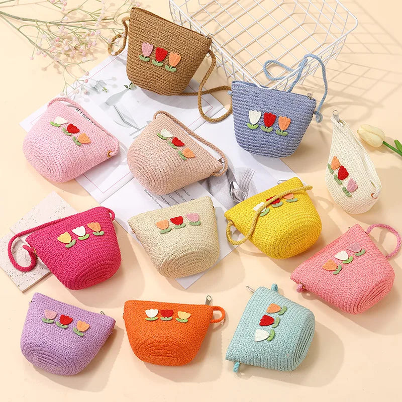Summer Back Seaside Woven Children's Bag Female All-Match and Cute Little Girl Tulip Straw Bag Vacation Style