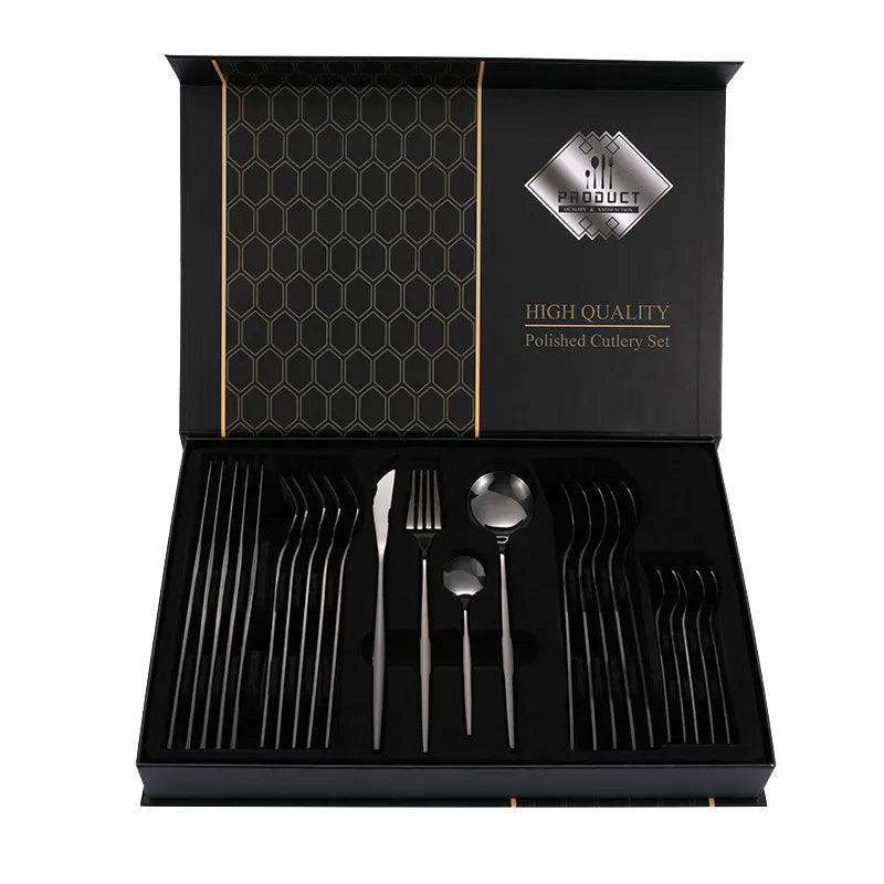1010 stainless steel tableware 24-piece golden steak knife, fork and spoon gift box Western tableware suit