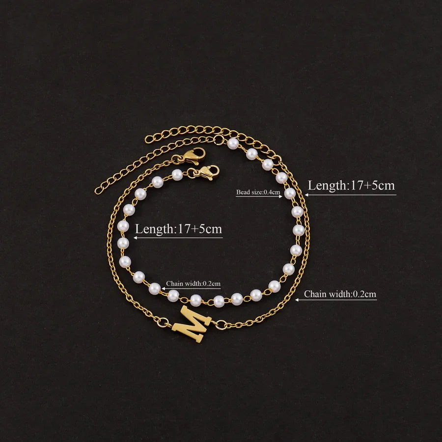 Elegant Simple Style Classic Style Letter 201 Stainless Steel 304 Stainless Steel Imitation Pearl Beaded Chain cable chain Beaded Bracelets Wholesale