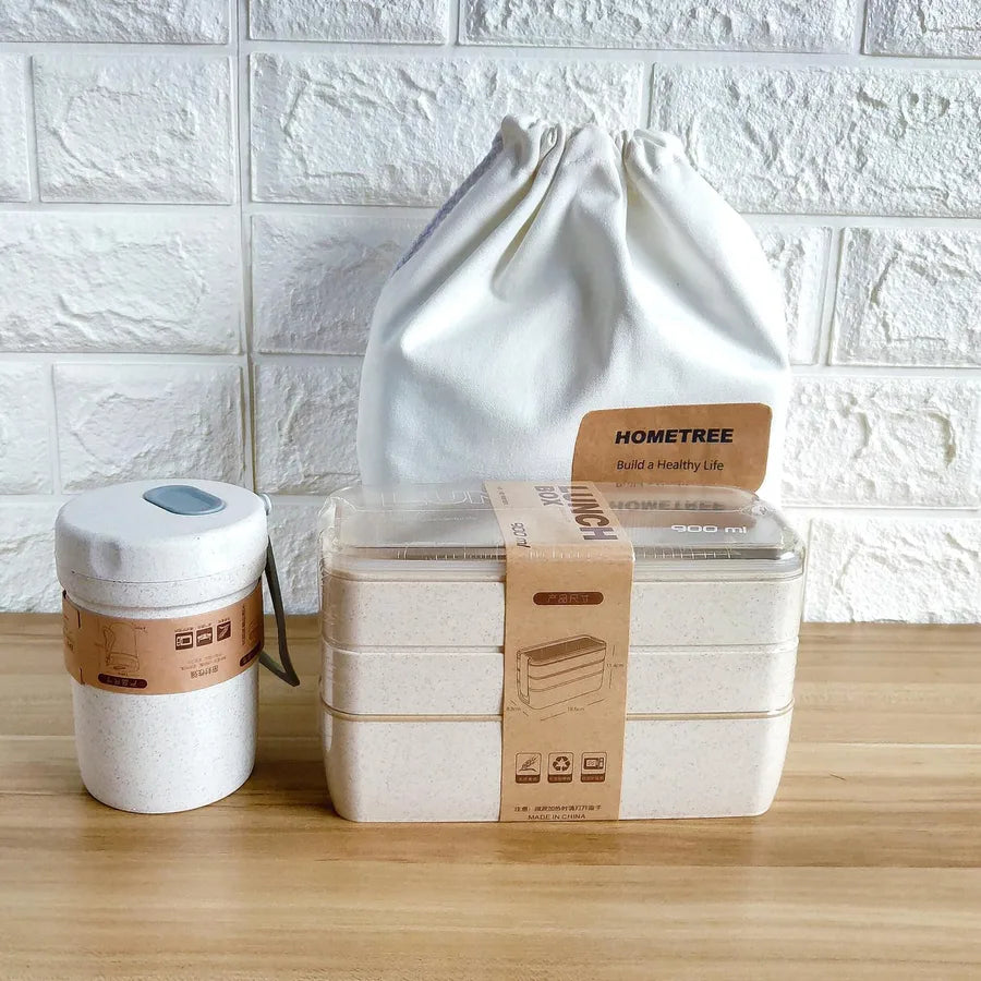 Square three-layer wheat straw fiber plastic lunch box student adult lunch box with tableware can be customized logo