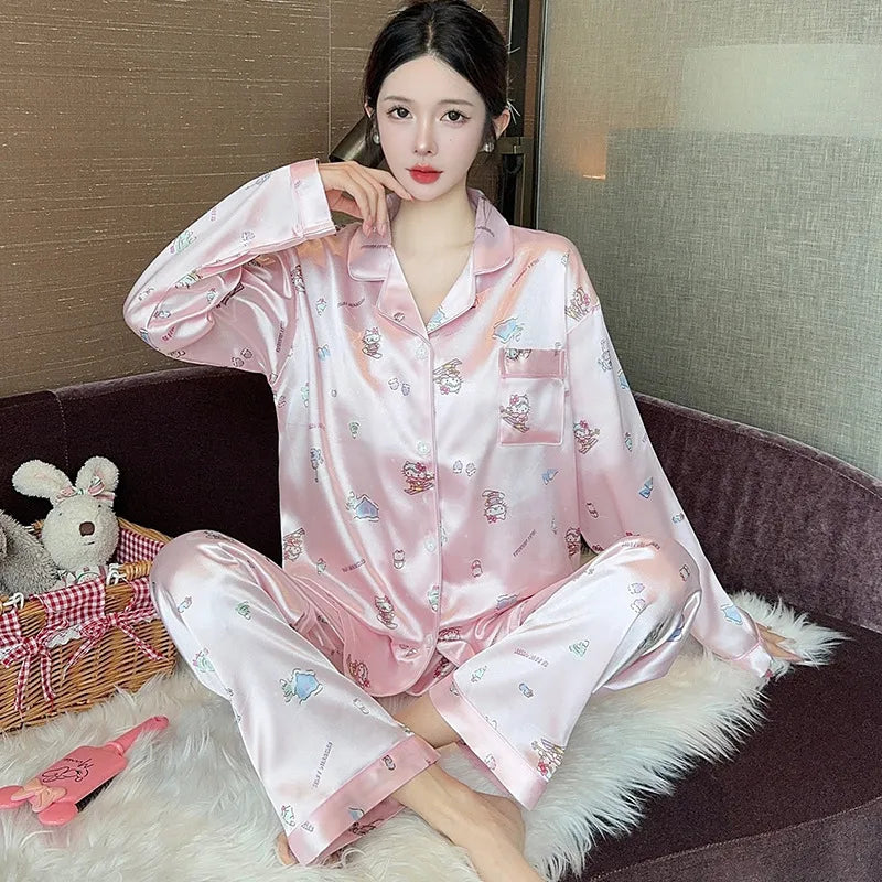 French Anti-Aging Sleepwear Women's Spring Autumn New Simple Polka Dot Long Sleeve Long Pants Ice Silk Home Clothes Fashion Set