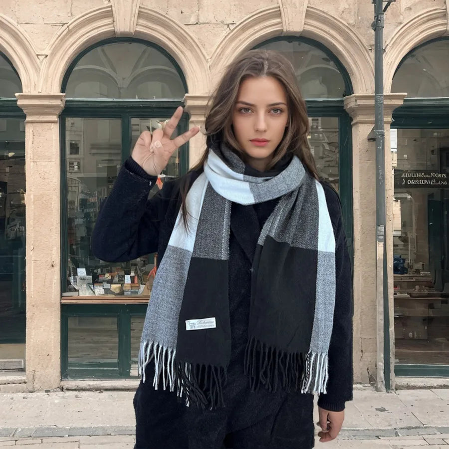 women's casual simple style color block imitation cashmere tassel scarf