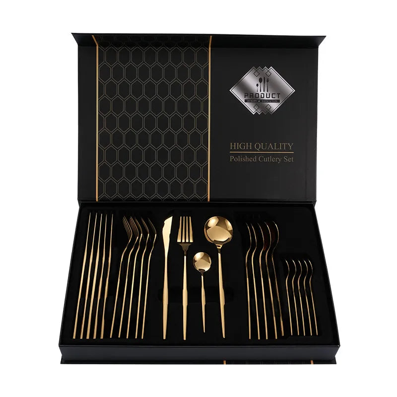 1010 stainless steel tableware 24-piece golden steak knife, fork and spoon gift box Western tableware suit