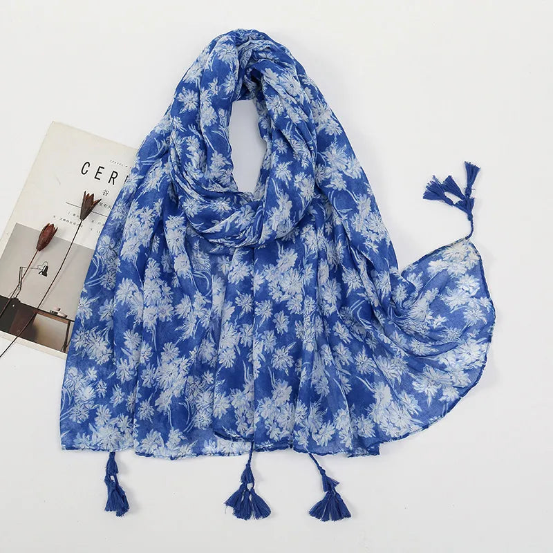women's sweet flower cotton and linen tassel silk scarves
