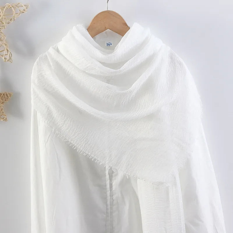 Hot selling solid color pleated cotton and linen scarf women's bag headscarf crumpled hair fringe bubble scarf women's scarf cover head
