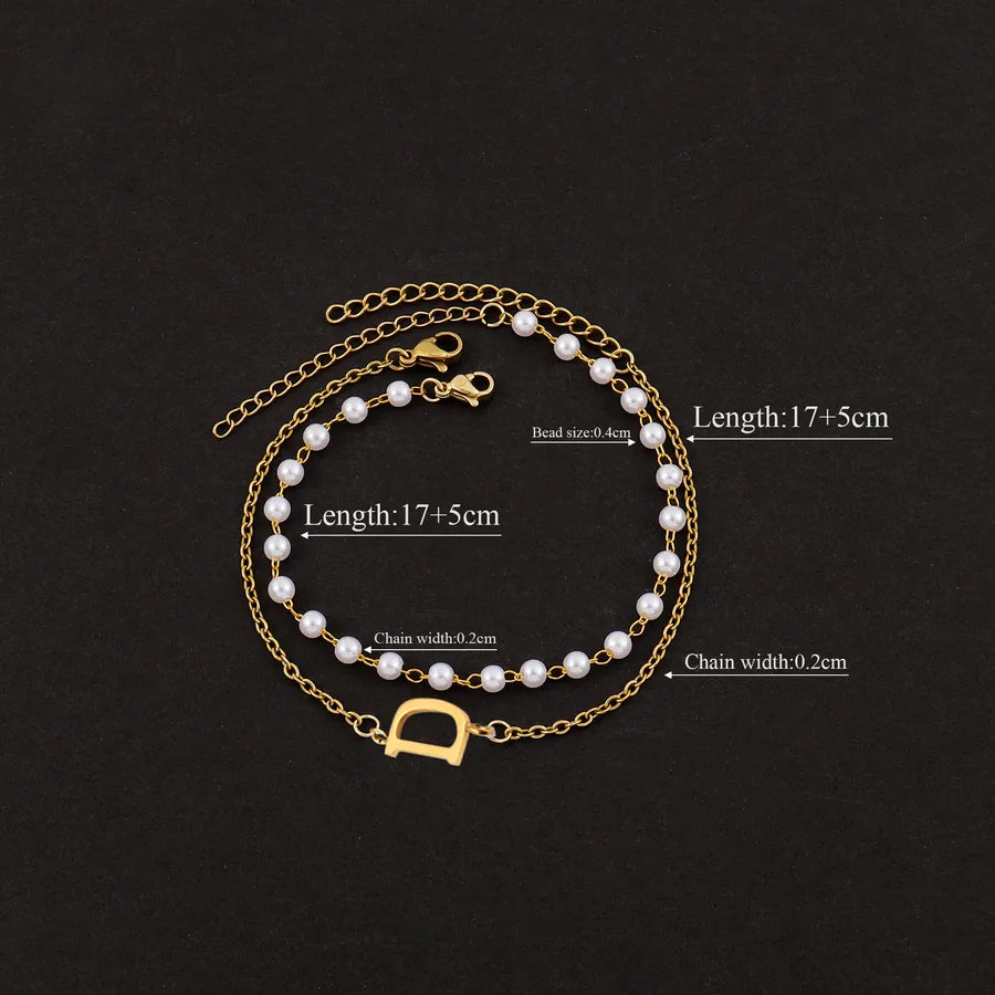 Elegant Simple Style Classic Style Letter 201 Stainless Steel 304 Stainless Steel Imitation Pearl Beaded Chain cable chain Beaded Bracelets Wholesale