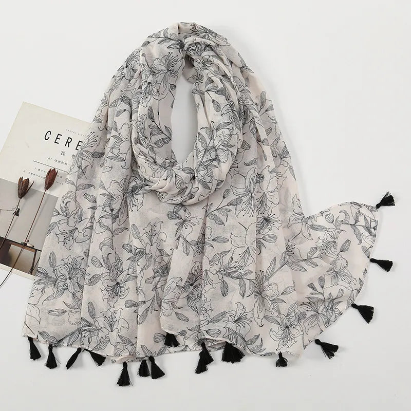 women's sweet flower cotton and linen tassel silk scarves