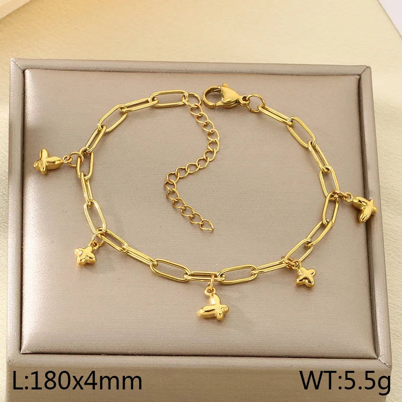 IG Style Vintage Style Cherry Ocean Butterfly 304 Stainless Steel 18K Gold Plated Paperclip Chain Bracelets In Bulk