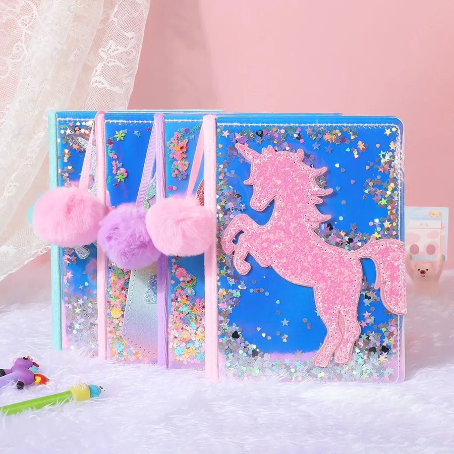 Adorable Glitter Notebook Cute Cartoon Student Planner Journal Ice Cream Blue Wooden Pulp Furry Material