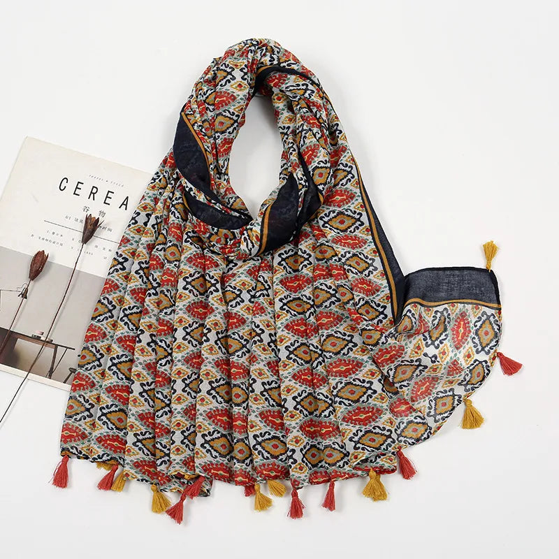 women's sweet flower cotton and linen tassel silk scarves