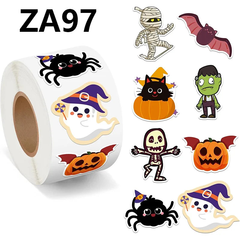 Halloween Sticker Roll Cute Pumpkin Ghost Skeleton Spider Bat Self Adhesive Label Flower Paper Material Non-drying Glue