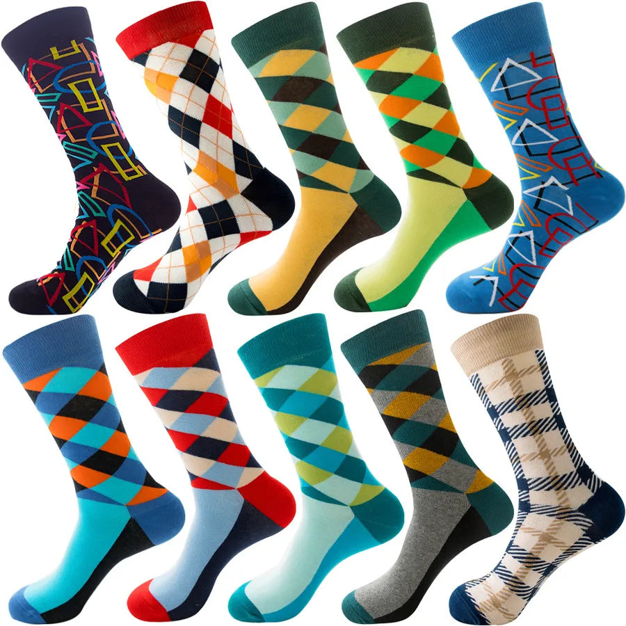 Men's Modern Style Classic Style Color Block Stripe Fruit Cotton Crew Socks A Set of 10 Pairs