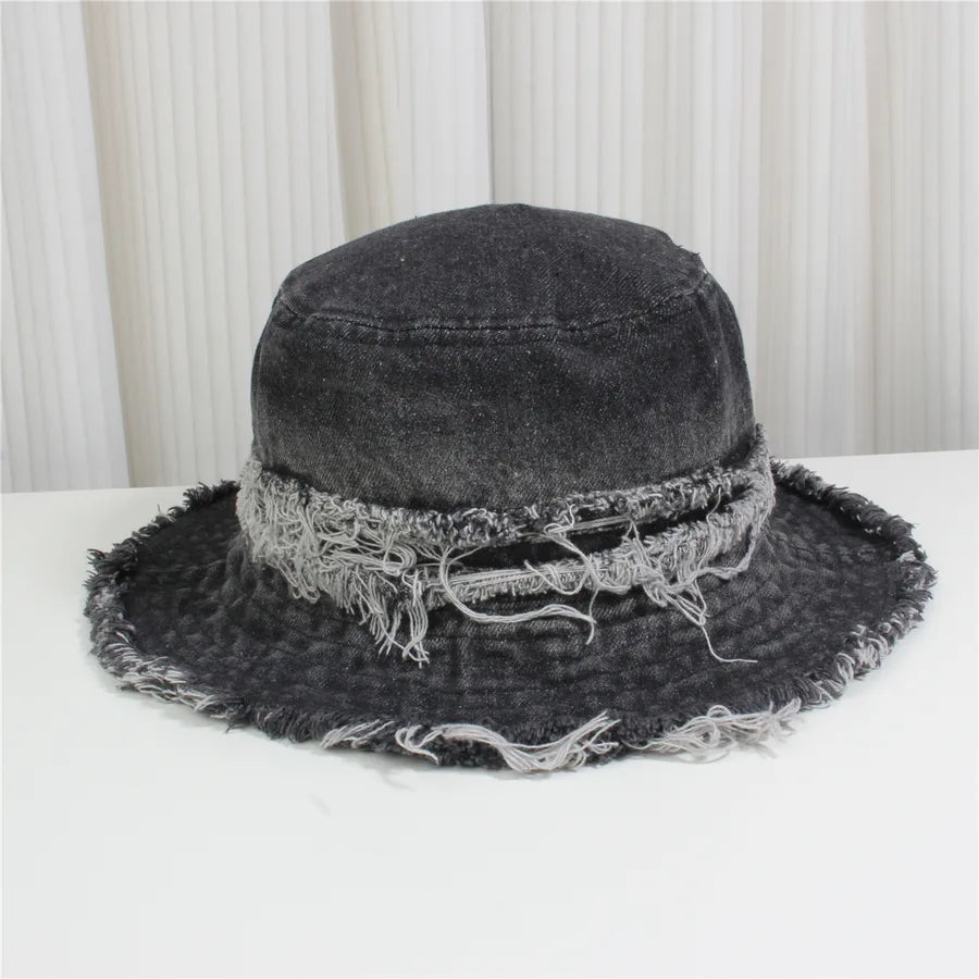 Retro New Style Denim Fishing Cap Women's Harajuku Sun Protection Bucket Hat Cuffed Tear Design Casual Versatile Streetwear