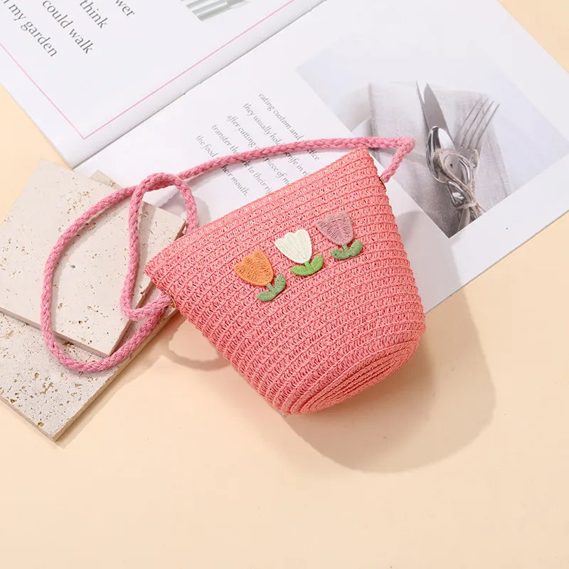 Summer Back Seaside Woven Children's Bag Female All-Match and Cute Little Girl Tulip Straw Bag Vacation Style