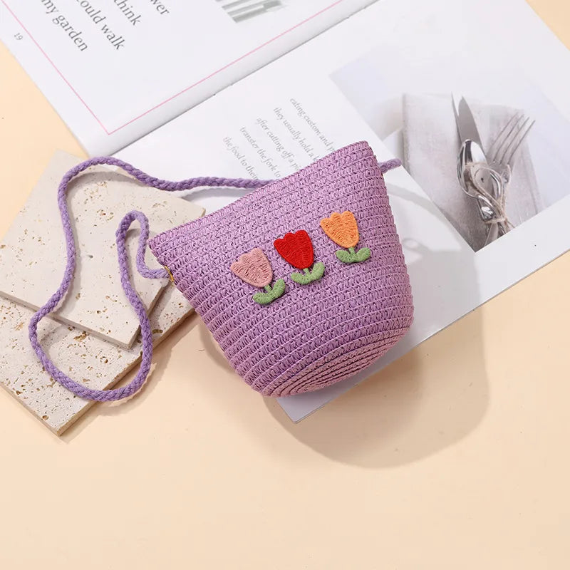 Summer Back Seaside Woven Children's Bag Female All-Match and Cute Little Girl Tulip Straw Bag Vacation Style